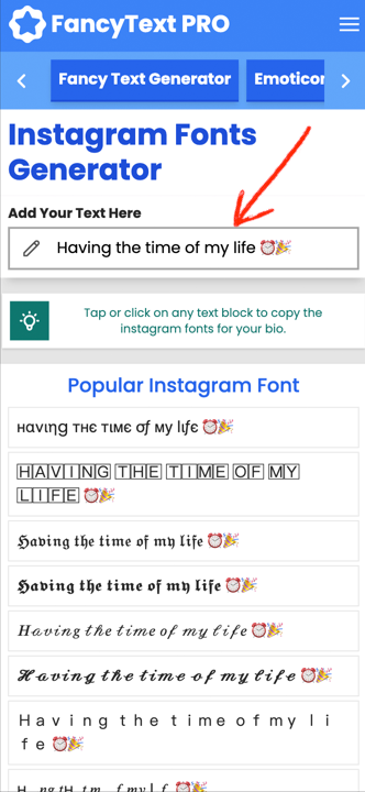 instagram fonts enter text